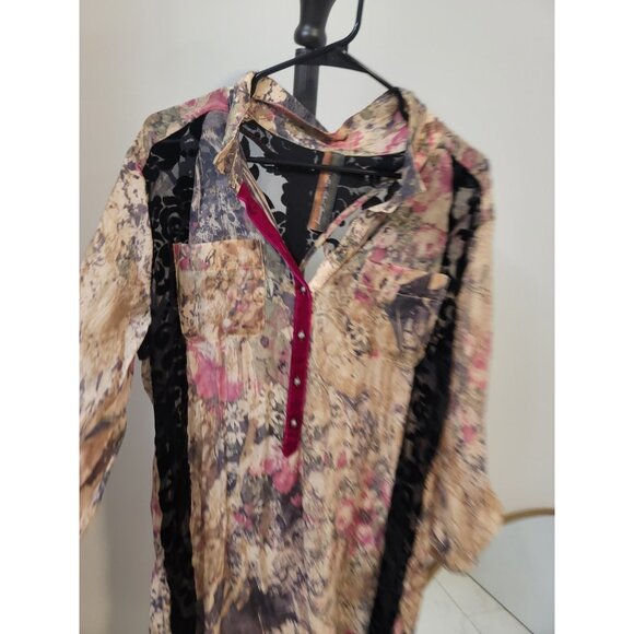 Aratta Silent Journey Womens Xl Top Boho Flannel Dress Tunic Shirt Floral Fringe - Picture 2 of 8